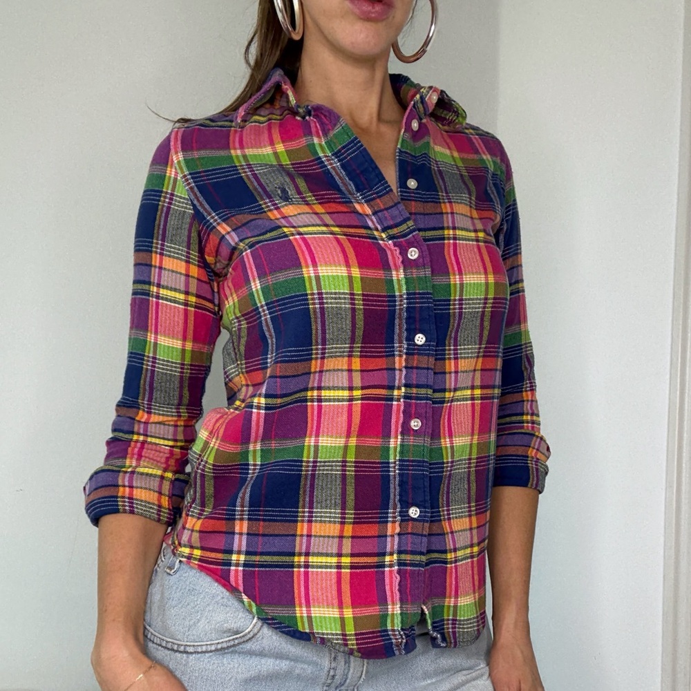 Vintage Ralph Lauren Multicolored Plaid Flannel Button Down Top - Picture 2 of 8